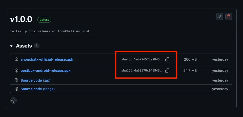 GitHub release assets showing SHA-256 checksums